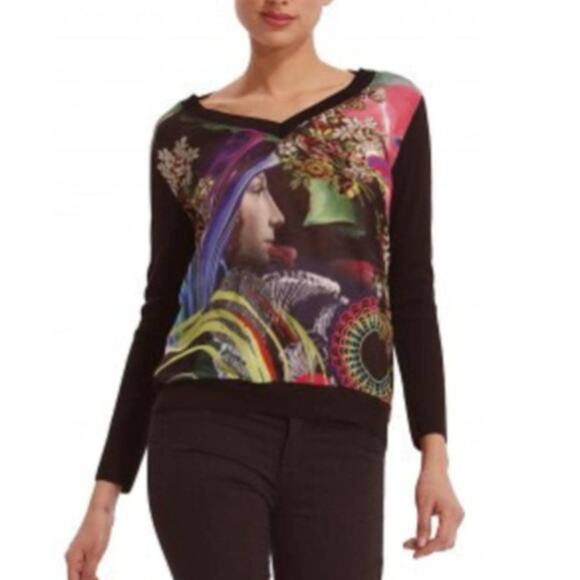 CHRISTIAN LACROIX x DESIGUAL V Neck Printed Jumper Top Small  S BAROQUE ART - Picture 1 of 5